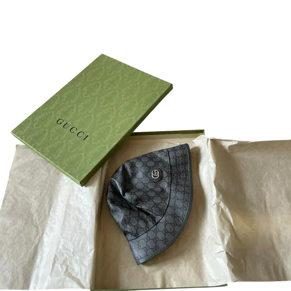 NEW Gucci GG Supreme Canvas Bucket Hat Grey Fedora Size M 58cm UNISEX Authentic